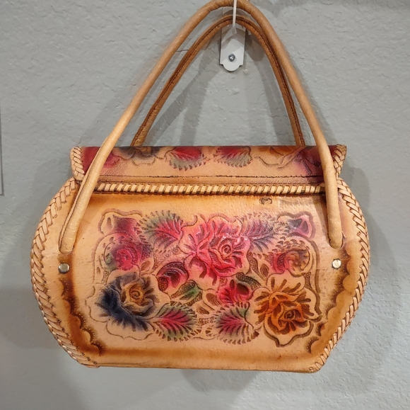 Vintage leather tooled hand made Mexican floral hand bag - Picture 7 of 10